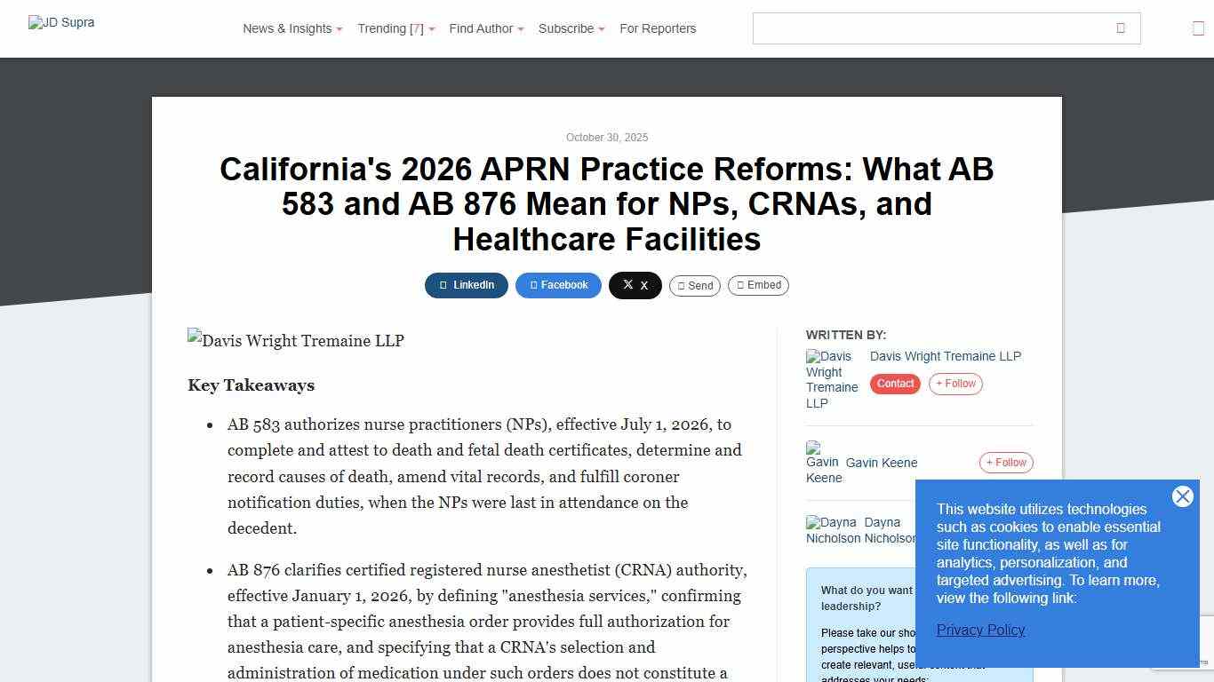 California's 2026 APRN Practice Reforms: What AB 583 and AB 876 Mean for NPs, CRNAs, and Healthcare Facilities Davis Wright Tremaine LLP - JDSupra